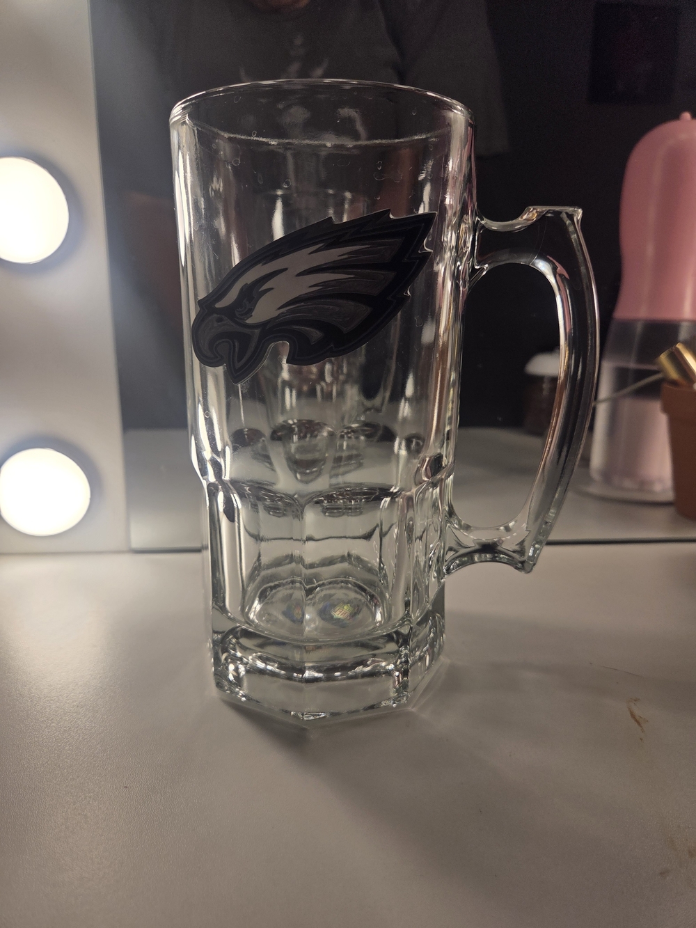 Clear Glass Beer Stein with Black Philadelphia Eagles Logo
